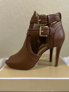 Michael Kors Brown Leather Peep-Toe Ankle Boots with Buckle Straps